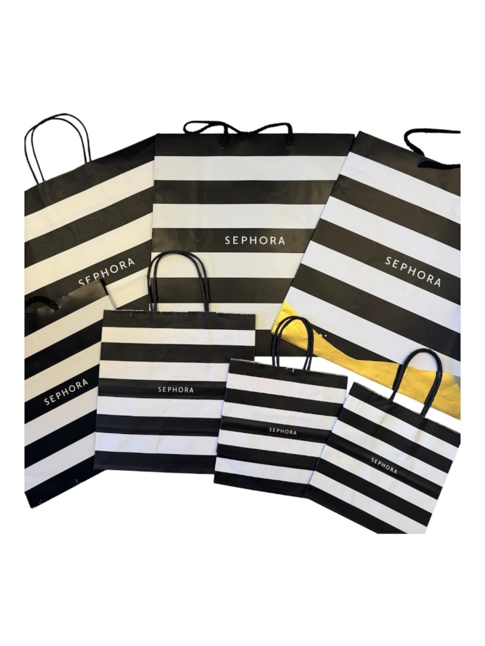 Lot of 7 Sephora Paper Gift Bags Black white striped Shopping Totes Mixed sizes